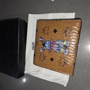 MCM Tan Wallet with Blue Bunny Design